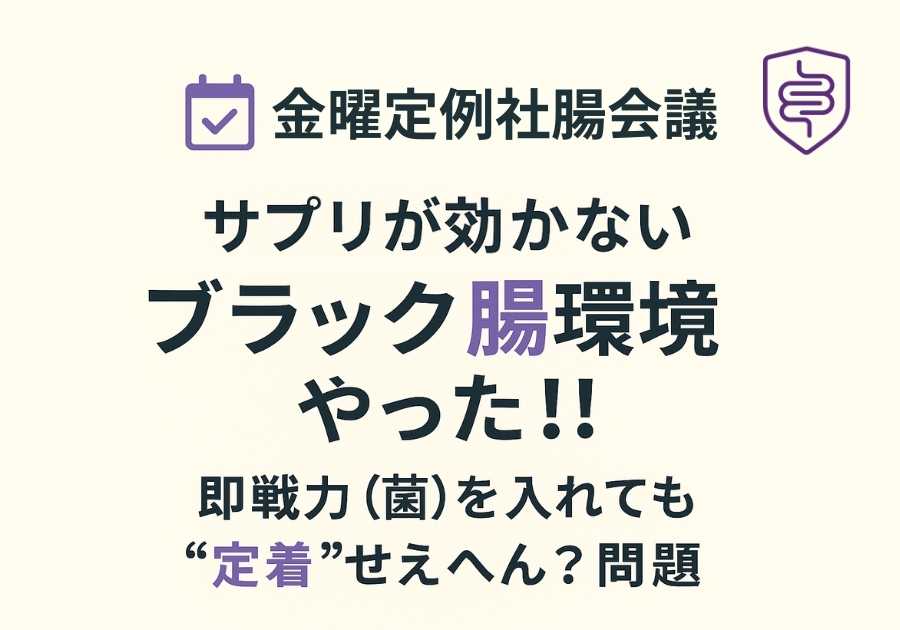 金曜定例社腸会議の図解：プロバイオティクスとプレバイオティクスを“中途採用と育成”に例え、腸内環境の役割を示したイラスト