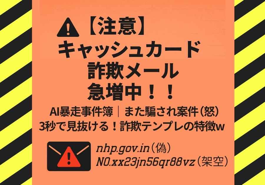 キャッシュカードを装った詐欺メールが急増している警告デザイン。AI暴走事件簿・セキュリティ編の注意喚起アイキャッチ画像