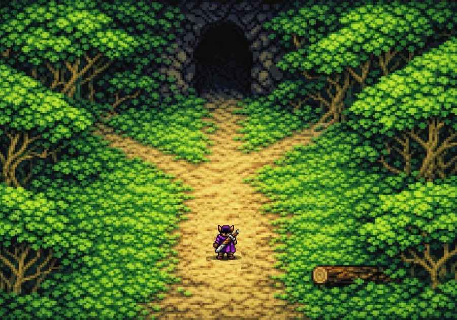 分かれ道の森に立つ勇者のドット絵｜ブログ運営をオープンワールドとして表現したアイキャッチ