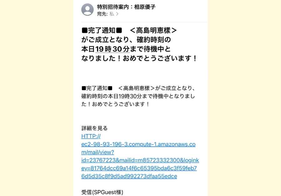 PPA関連の詐欺メール実例。確約時刻が本日19時30分までと表示されている完了通知メールの画面