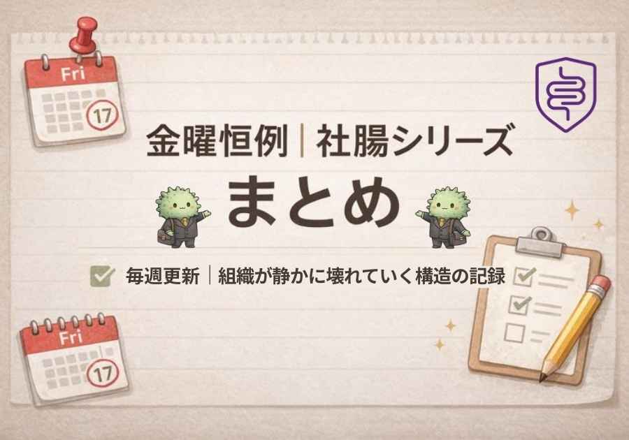 金曜恒例の社腸シリーズまとめページのアイキャッチ画像。組織が静かに壊れていく構造を腸に例えて記録している。